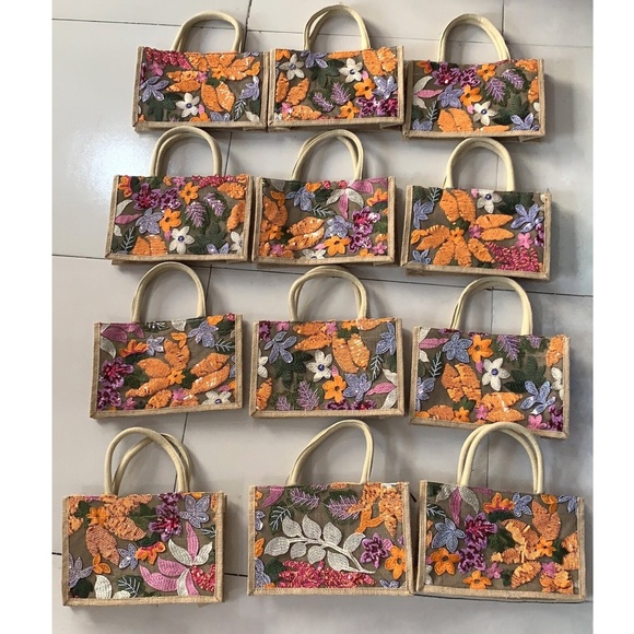 Boho Sequin Embroidered Burlap Medium Size Tote Bag - Picture 8 of 11